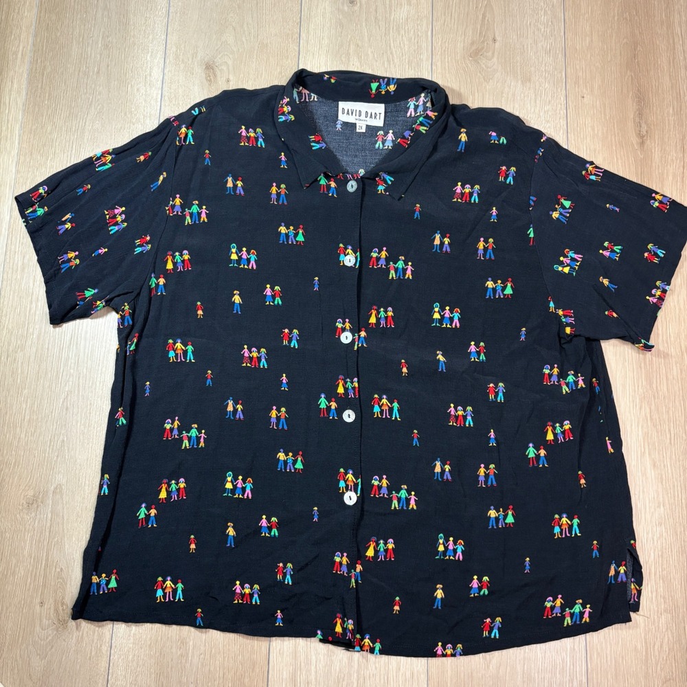 David Dart Woman Black Novelty People Print Button Front Shirt Plus Size 2X Top